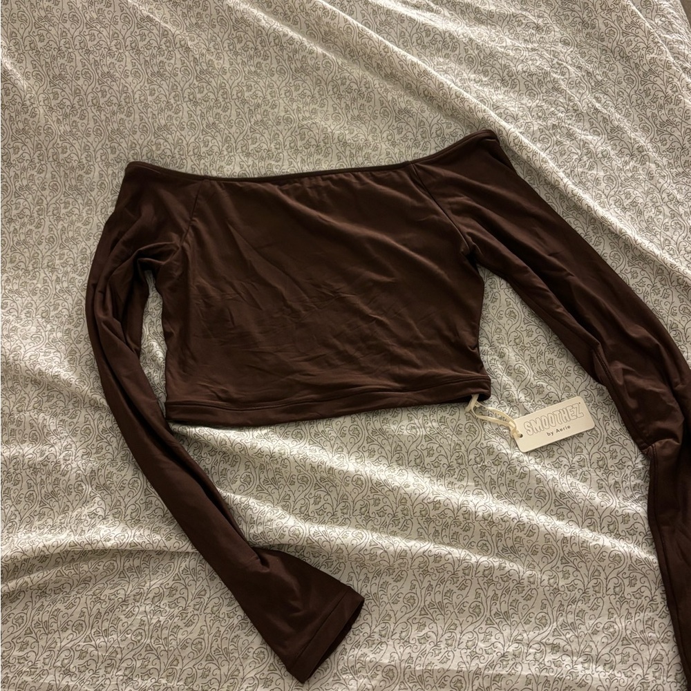 Brown Off-Shoulder Long Sleeve Top